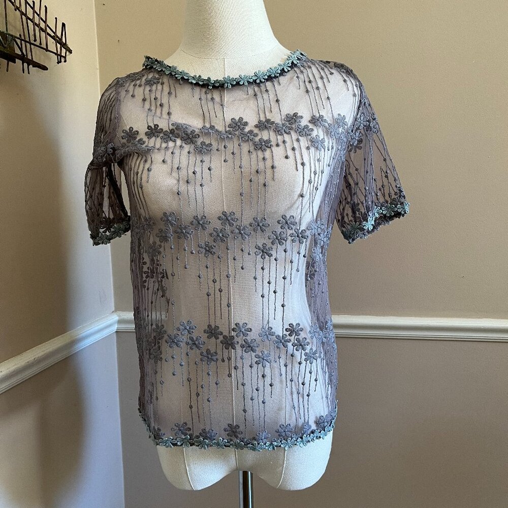 Hinge Seattle Sheer Gray/Mint Green Top  XS